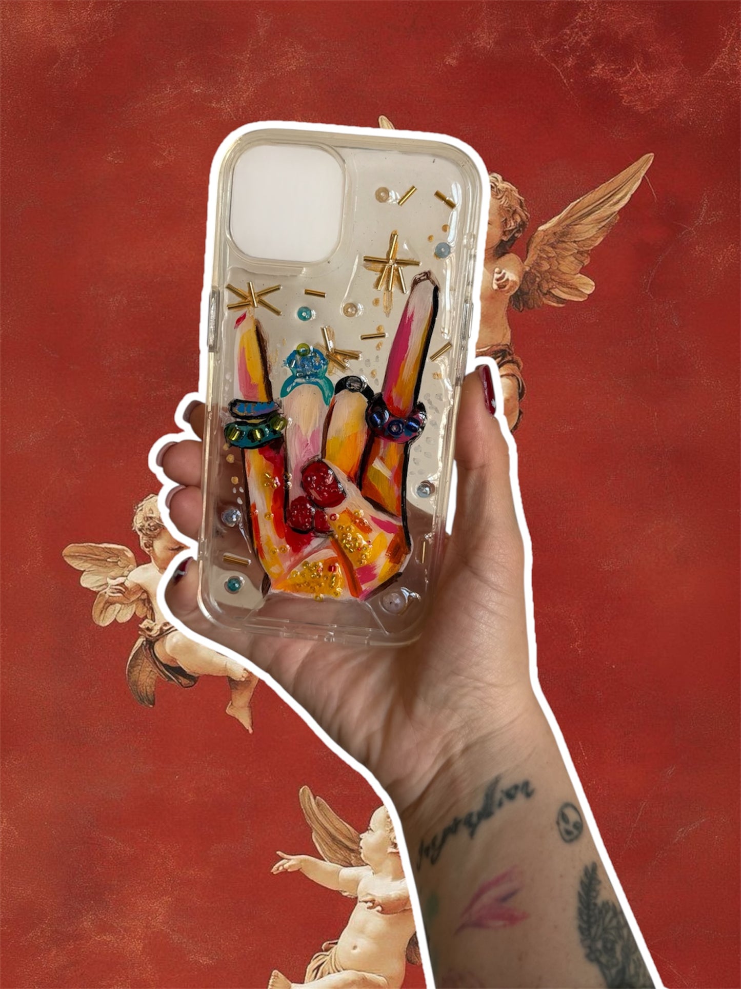 Funda pintada a mano para IPhone con brillos